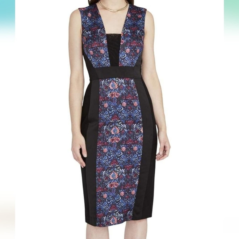 Rachel Roy Black and Floral Midi Sheath Dress Women's Size 6 Small